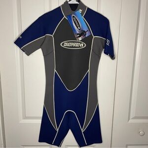 NWT Hang Ten Mens Shorty Wetsuit Blue Gray Size Small Slim Short Sleeve Shorts